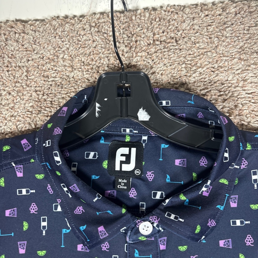 FootJoy Mens Lisle Golf Polo Shirt 2XL Navy Cocktail Golf Flag Print Stretch - Picture 3 of 9